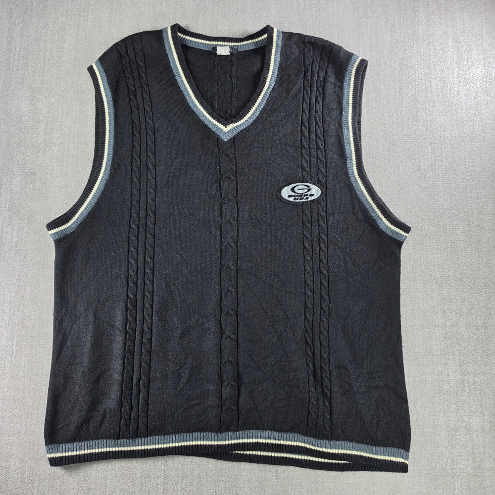 Guess Sweater Vest‎ Mens XL Black Vintage Cable Knit V-Neck Striped Trim Logo